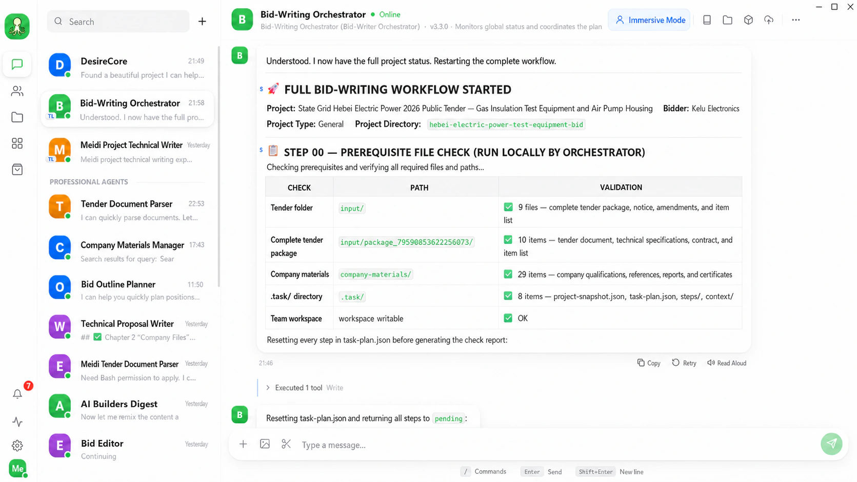 DesireCore multi-agent bid proposal team collaboration interface