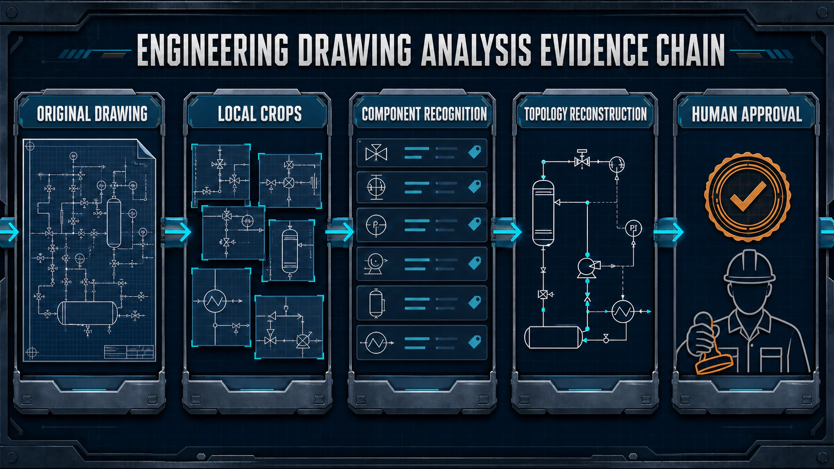 Evidence chain from an engineering drawing to reviewable conclusions